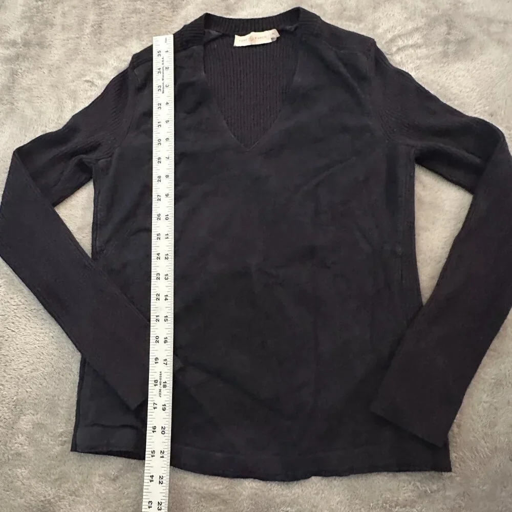 Tory Burch Black Long Sleeve Sweater Top Lambs Leather Ribbed Knit MEDIUM